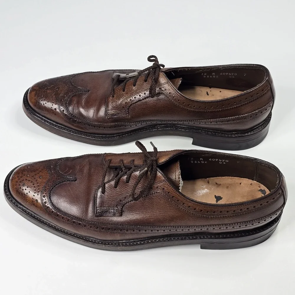 Vintage Imperial Florsheim 12 Brown Pebbled Leather Lace Up Wing Tip Dress Shoes